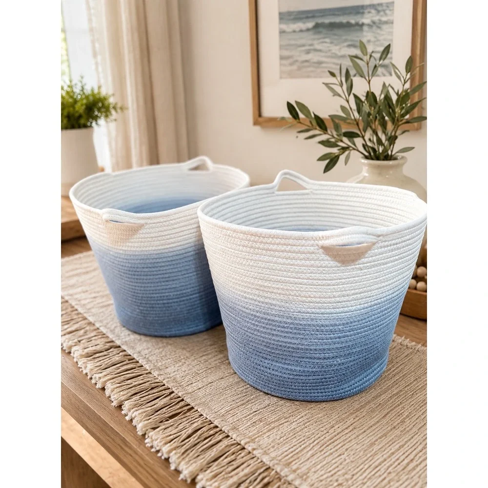 Set of 2 Blue White Ombre Woven Cotton Rope Storage Baskets with Handles 11x14
